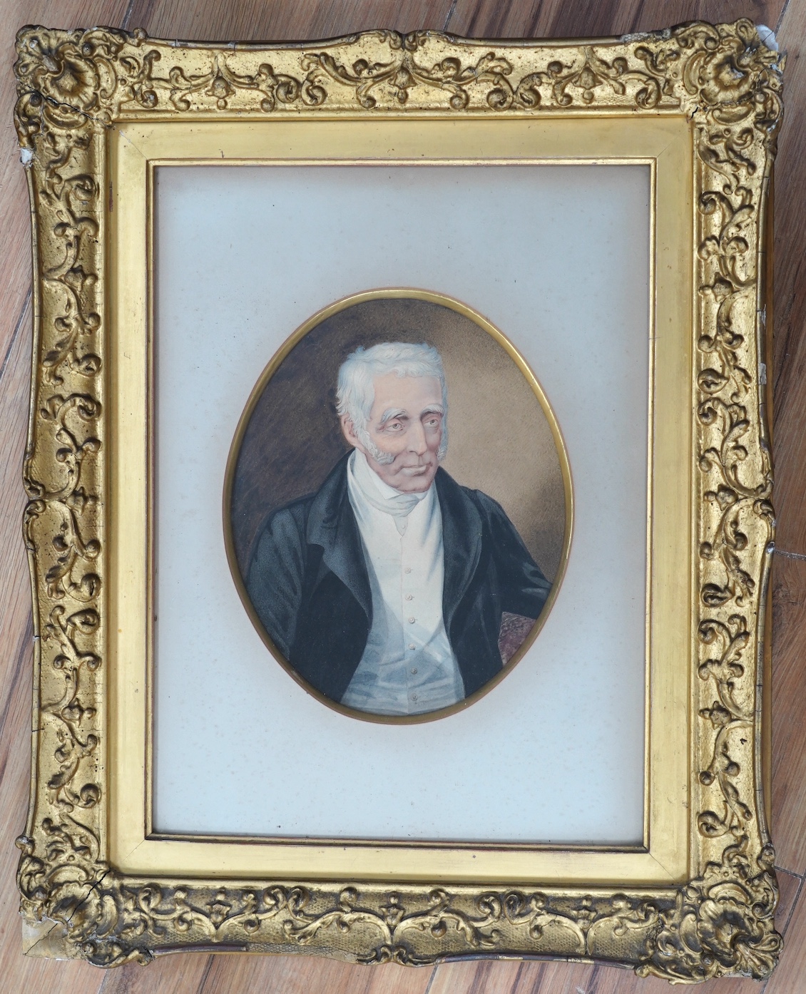 19th century English School, pair of oval watercolours, Portraits of Duke of Wellington and Napoleon Bonaparte, 21 x 16.5cm, gilt framed. Condition - fair, some discolouration and spots of foxing